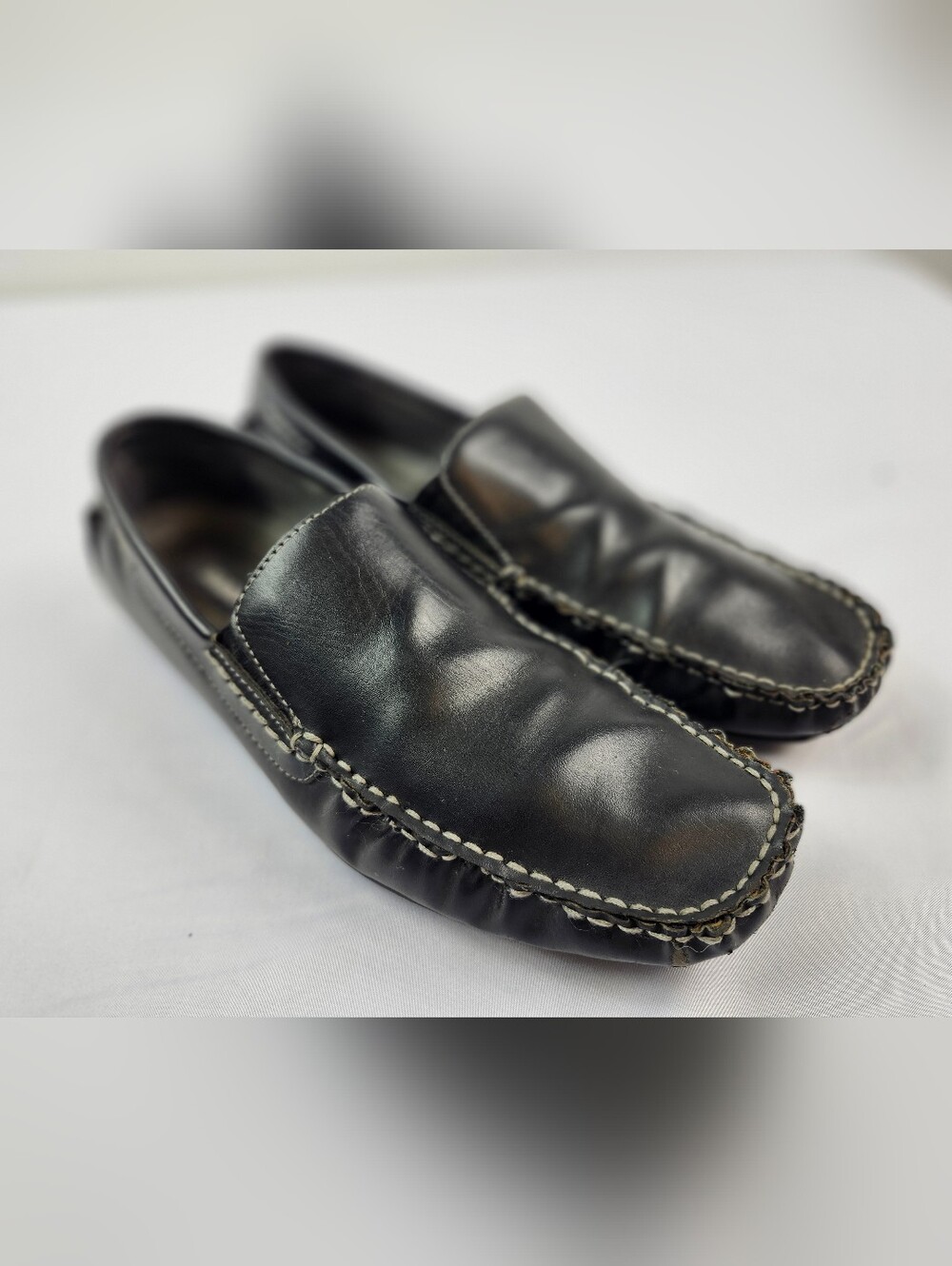 Steve Madden Mens 10 M Black Leather Moc Toe Slip-Ons Shoes
